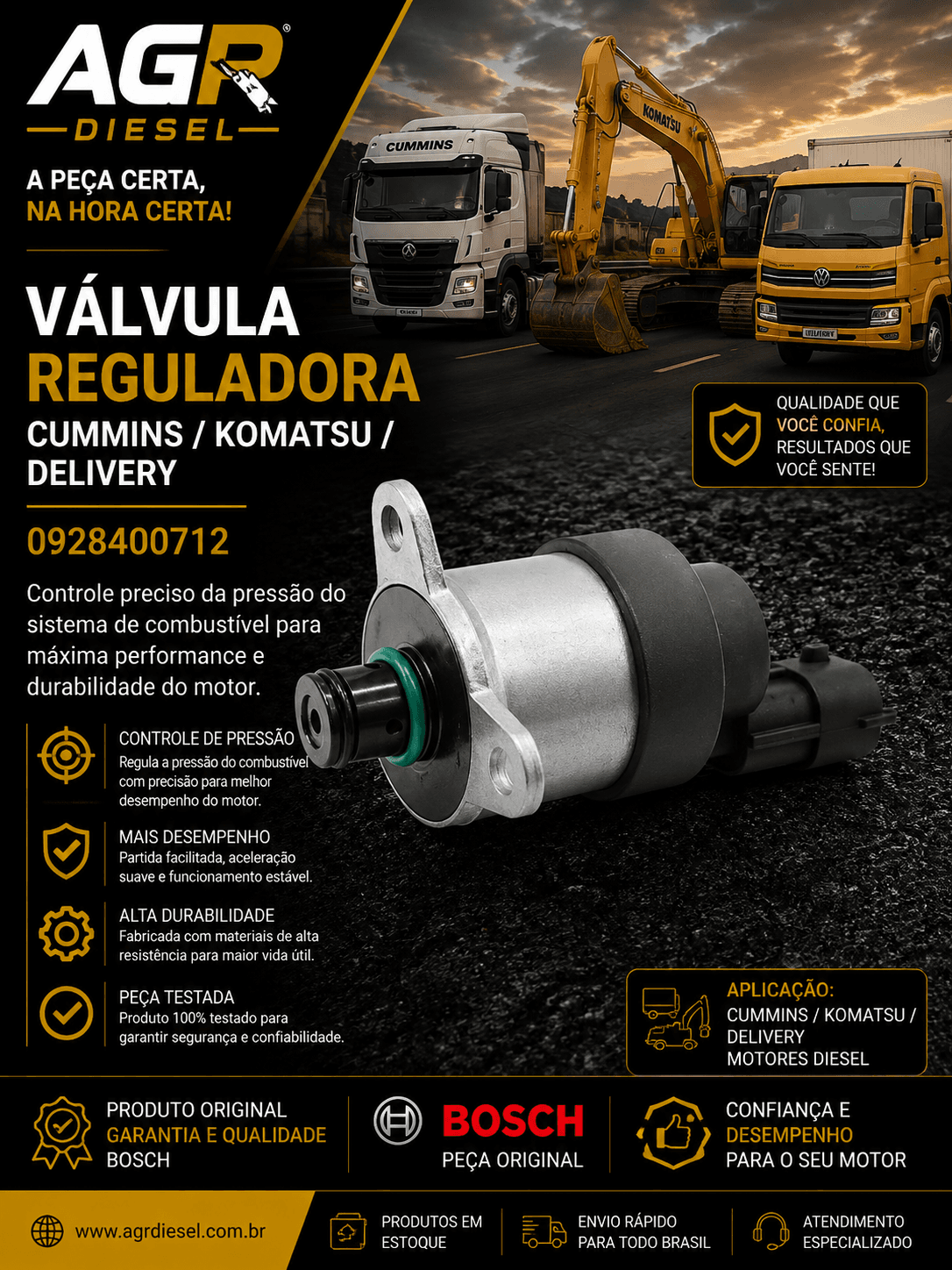 Válvula reguladora Cummins, Komatsu, Delivery - 0928400712